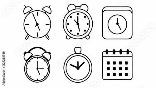 "Minimalistic thin line icons representing various clock and time-related elements, including alarm, stopwatch, and calendar symbols"
