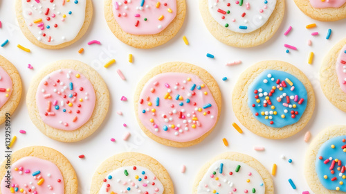 Delicious cookies with colorful icing and sprinkles on white background