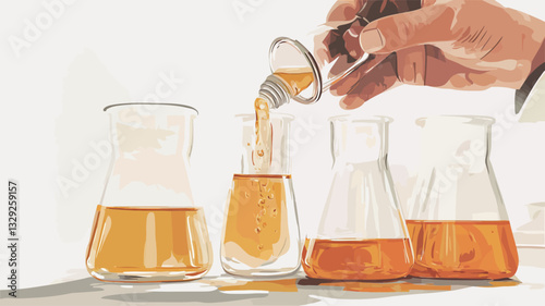 An illustration depicting a hand pouring an amber-colored liquid from a small metal container into a series of three Erlenmeyer flasks. The flasks are partially filled with the same liquid.  The
