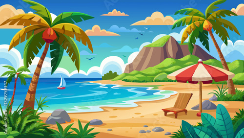 Tropical beach with golden sand, palm trees, a sun umbrella, and a lounge chair overlooking the turquoise ocean with mountains in the background