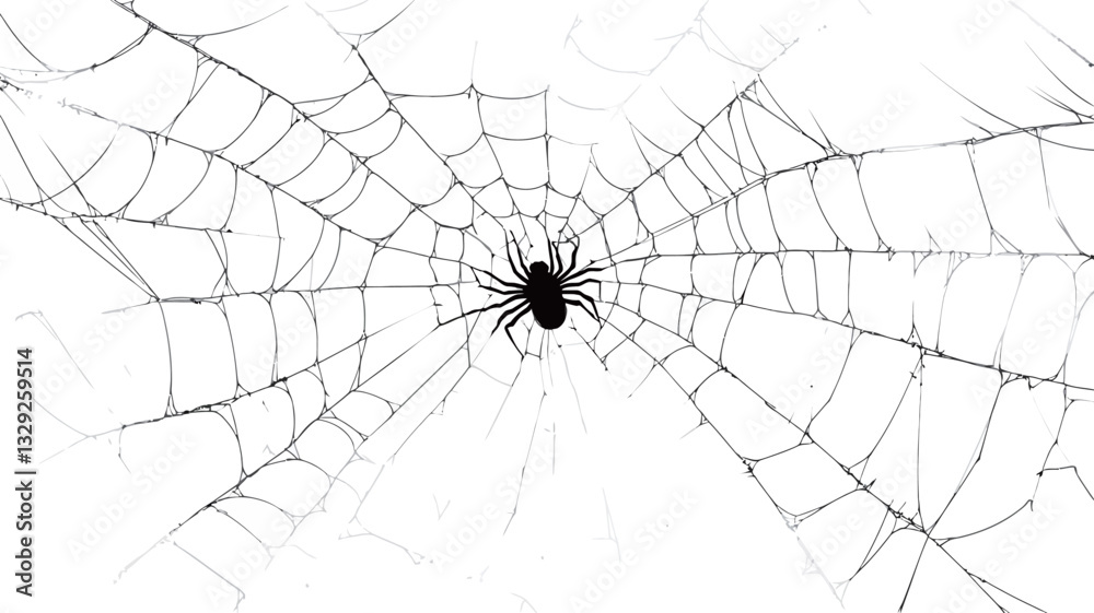 Obraz premium High-angle, close-up shot of a black spider situated in the center of its web against a stark white background. The web is intricately detailed, showing a complex network of thin, radiating lines.