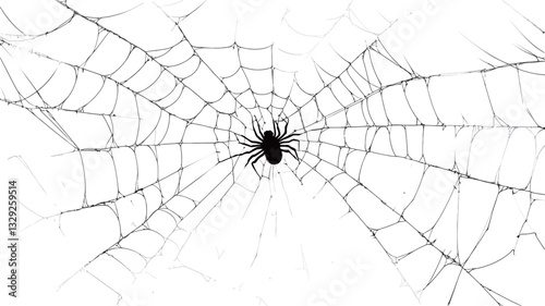 High-angle, close-up shot of a black spider situated in the center of its web against a stark white background.  The web is intricately detailed, showing a complex network of thin, radiating lines.