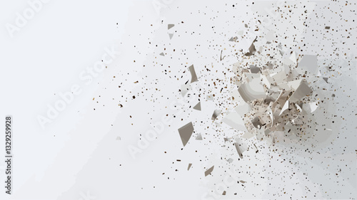 High-angle, close-up view of numerous small, irregularly shaped, silver-toned fragments scattered across a plain white background. The fragments appear to be metallic or glass-like, varying in size