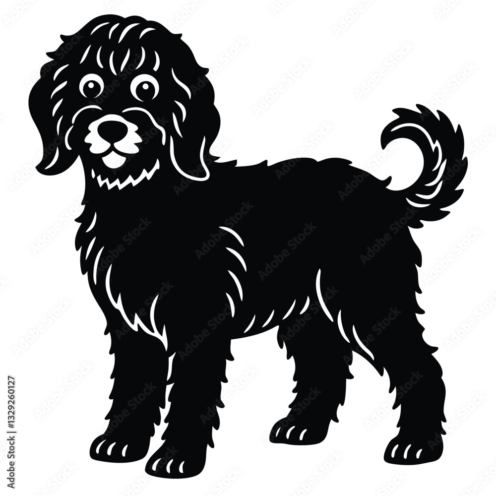 Cute cartoon dog silhouette, black and white illustration, curly fur, wagging tail, friendly expression, standing pose, simple background, graphic design style, bold outlines, Cute cartoon dog silhouette, black and white illustration, curly fur, wagging tail, friendly expression, standing pose, simple background, graphic design style, bold outlines,