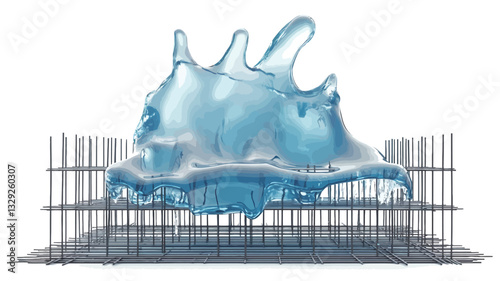 The image shows a digitally rendered three-dimensional representation of a stylized water sculpture. The sculpture is an irregular, abstract form resembling a splash or wave, rendered in