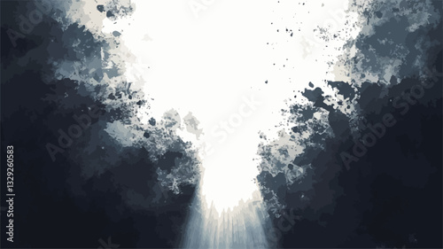 The image is an abstract depiction of a bright, celestial light emanating from the top center and breaking through a mass of dark, textured clouds. The light is depicted as radiating beams or rays,