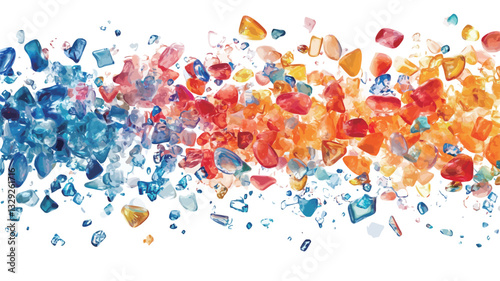 The image shows a horizontal arrangement of numerous small, irregularly shaped, colorful fragments against a pure white background. The fragments exhibit a gradient of color, transitioning from