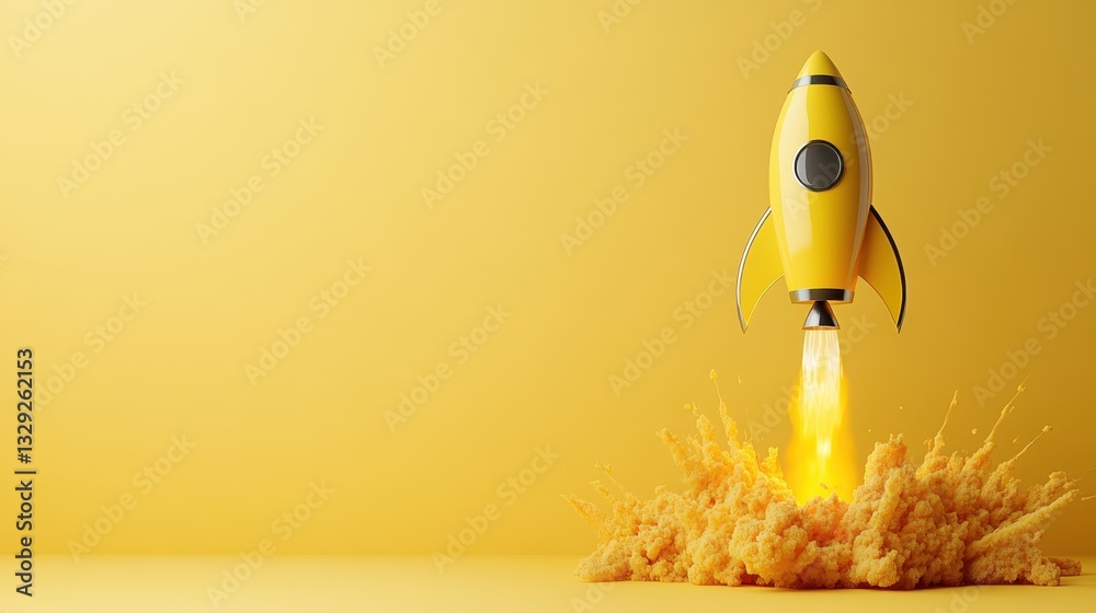 A bright yellow rocket taking off against a sunny yellow backdrop, surrounded by puffs of orange smoke, symbolizing innovation, exploration, and adventure in space travel.