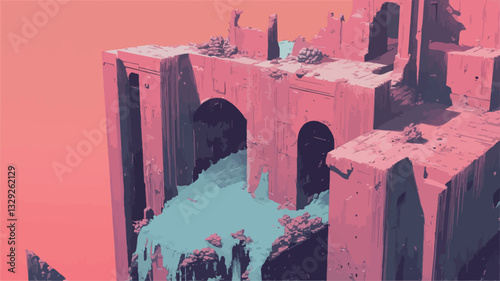 A digital illustration depicts a stylized ruined structure rendered in predominantly pink and teal hues.  The structure appears ancient and shows significant signs of decay.  The architecture is