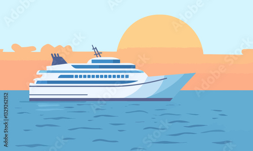 Minimalist Vector Cruise Ship at Sea with Sunset Background for Travel Themes