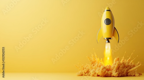 Obraz na płótnie A bright yellow rocket taking off against a sunny yellow backdrop, surrounded by puffs of orange smoke, symbolizing innovation, exploration, and adventure in space travel. w salonie