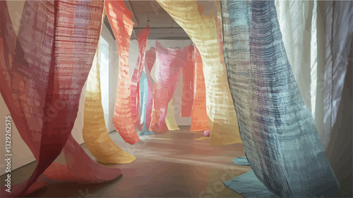 The image shows an indoor artistic installation featuring numerous vertical panels of translucent fabrics. The fabrics are in various shades of red, orange, yellow, and blue, exhibiting a gradient