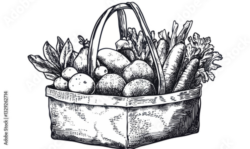 Hand-Drawn Grocery Bag Filled with Fresh Fruits and Vegetables in Minimalist SVG Style