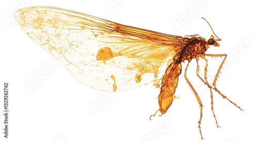 A detailed close-up macro photograph of an insect preserved in amber. The image shows the insect's body, wings, and legs with high clarity. The amber is translucent, allowing the insect's features