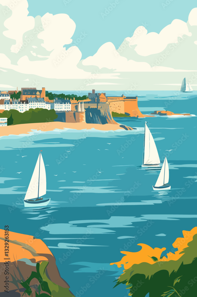Retro French Coastal Tourism Poster: Saint-Malo, Brittany with Sailboats