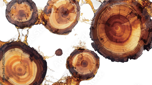 The image is an abstract composition featuring multiple cross-sections of tree trunks, exhibiting concentric growth rings.  These sections vary in size and are presented against a white background.