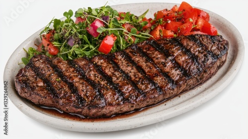 Flank plate steak food concept. Grilled steak plated with a vibrant vegetable salad