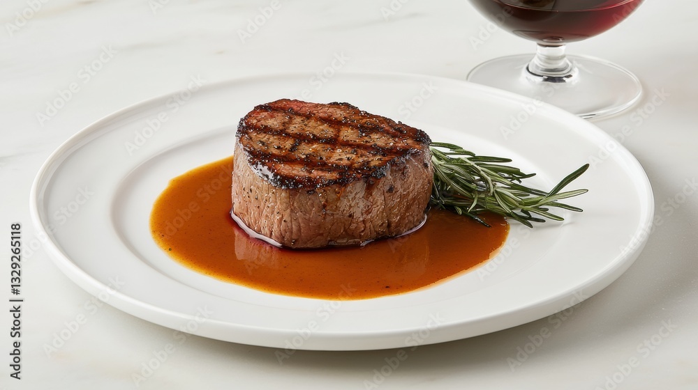 Flank plate steak food concept. Grilled steak with a rich red wine sauce and rosemary garnish Flank plate steak food concept. Grilled steak with a rich red wine sauce and rosemary garnish