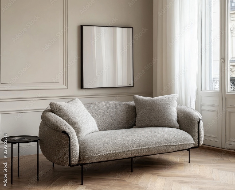 Fototapeta premium Modern light grey sofa with black legs in bright living room.