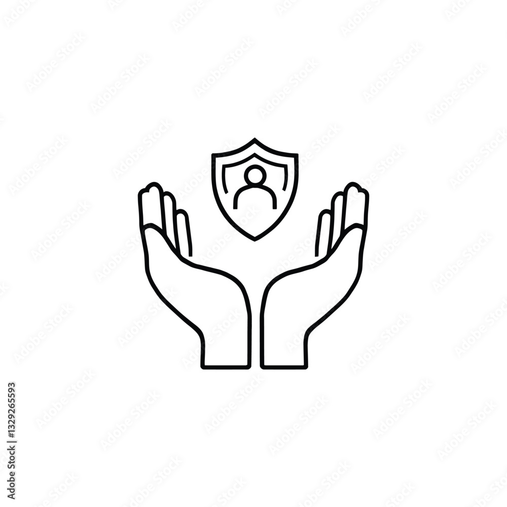 hands holding a shield with a person, Open Hands with Shield Icon: Minimalist Black-and-White Design Representing Protection and Care hands holding a shield with a person, Open Hands with Shield Icon: Minimalist Black-and-White Design Representing Protection and Care