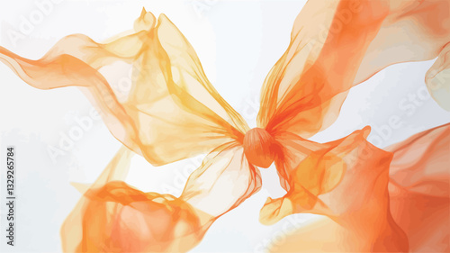 Close-up image of a translucent, orange fabric in motion. The fabric is arranged in a dynamic, flowing pattern, creating waves and swirls against a bright white background.  The texture appears