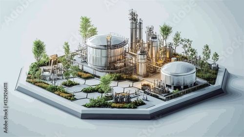 A digitally rendered isometric illustration depicts a miniature industrial complex situated on a hexagonal base. The complex features metallic tanks, towers, and processing units, rendered in