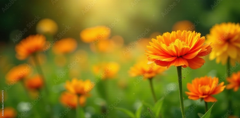 Vibrant orange and yellow blooms in summer garden , pretty, summer Vibrant orange and yellow blooms in summer garden , pretty, summer