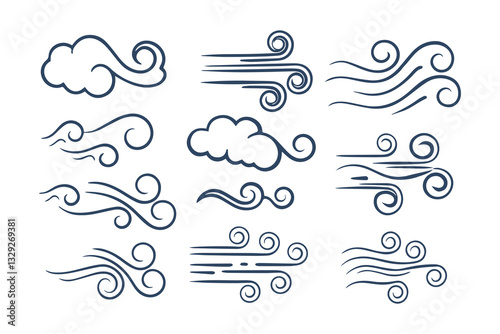 Hand Drawn Doodle Wind and Air Motion Sketch Set. Abstract Swirls, Smoke Flow, and Line Art Elements Vector Graphic Clipart Isolated Illustration