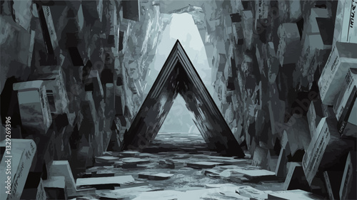 The image is a 3D digital rendering depicting a triangular passageway.  The passage is composed of repeating geometric shapes, primarily triangular, creating a tunnel-like effect.  The color