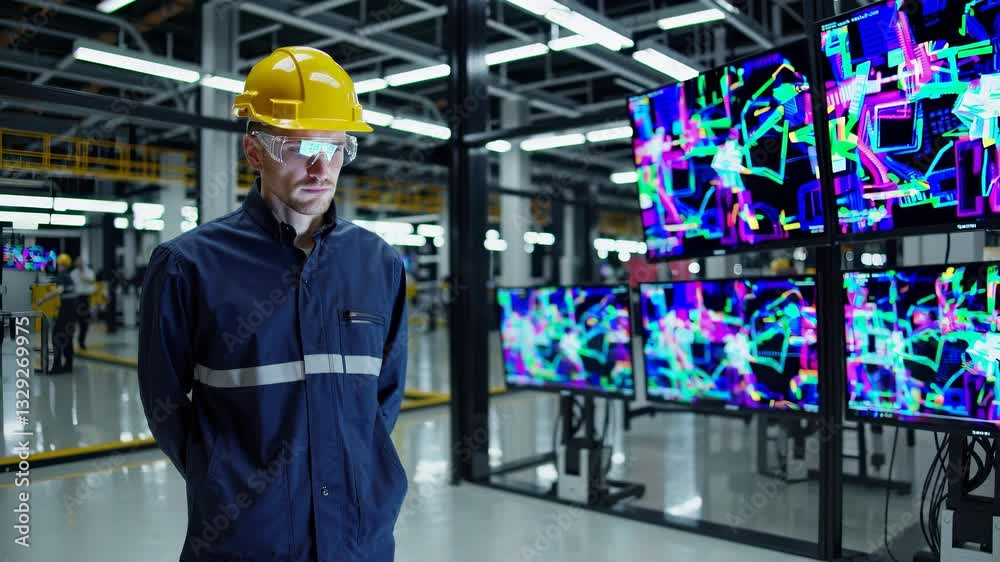 Industrial engineer automation factory. Male engineer observes digital control panels. Automation boosts efficiency. Engineer factory automation industrial technology modernizes production.