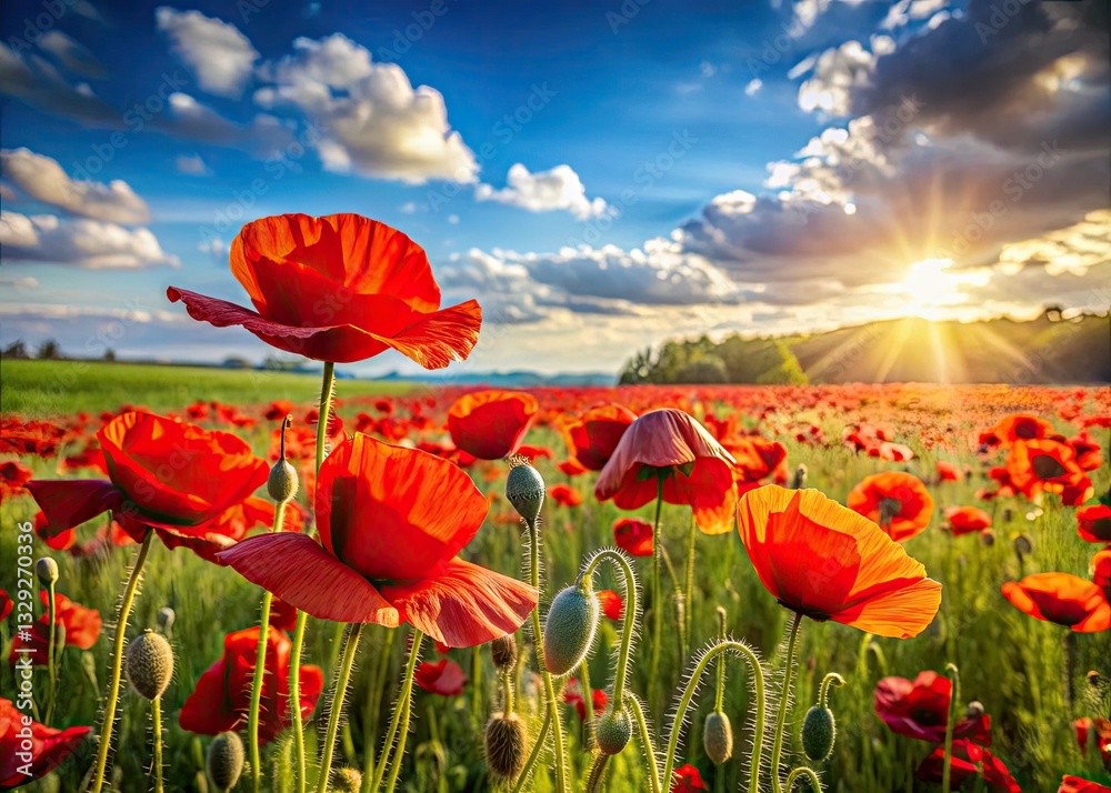 Fototapeta premium A breathtaking landscape of wildflowers: a sea of red poppies blooming in a summer meadow.