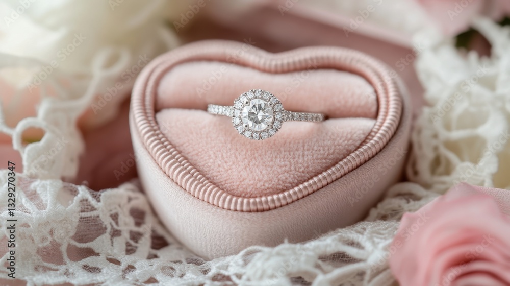 A pristine white diamond ring inside a soft pink heart-shaped jewelry box, placed on a lace background A pristine white diamond ring inside a soft pink heart-shaped jewelry box, placed on a lace background