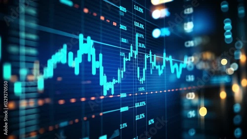 Dynamic financial data displays fluctuations in stock market trends, highlighting key metrics and insights in an urban environment during nighttime