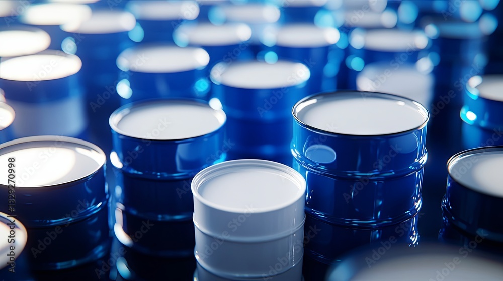 Blue oil barrels or chemical drums arranged in a horizontal stacked formation. Blue oil barrels or chemical drums arranged in a horizontal stacked formation.