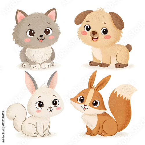 A cute illustration featuring four cartoon animals: a puppy, a kitten, a bunny, and a fox