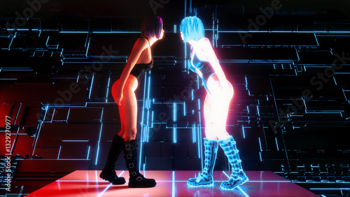 Virtual Reflections: A Cyberpunk Face-Off.. 3d rendering