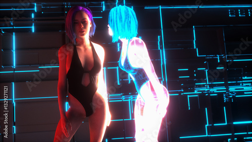 Virtual Reflections: A Cyberpunk Face-Off.. 3d rendering