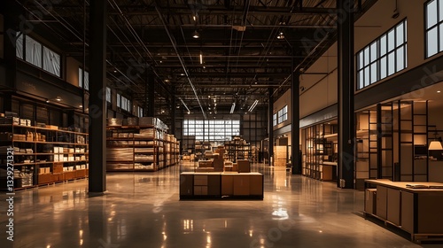 Spacious Industrial Warehouse Interior with Warm Lighting and Organized Shelving