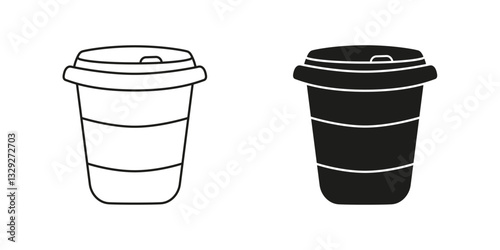 Takeaway Coffee Cup Line and Silhouette Icon Set. Disposable Cup with Lid Symbol. Editable Stroke. Isolated Vector Illustration
