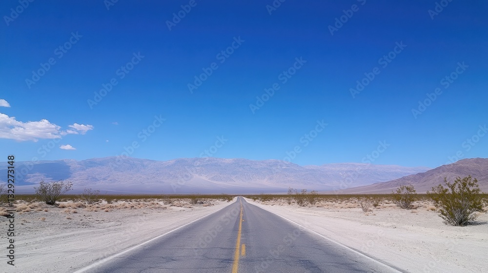 A scenic desert highway flanked by massive sand dunes and a deep blue sky A scenic desert highway flanked by massive sand dunes and a deep blue sky