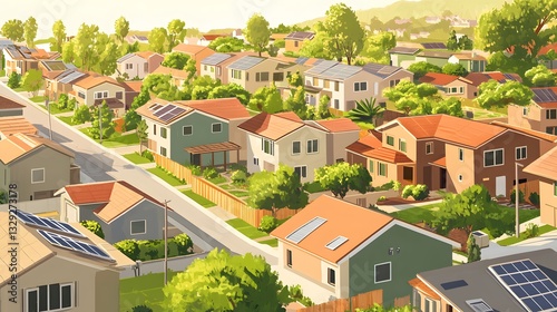 Sunny Day Aerial View of a Lush Suburban Neighborhood with Terracotta Roofs and Solar Panels