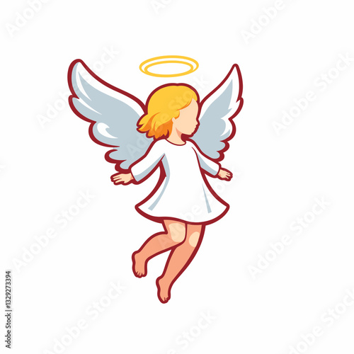Joyful angel flying with wings on white background, spiritual symbolism