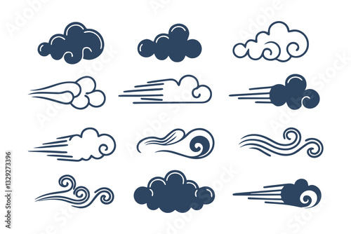 Hand Drawn Doodle Wind and Air Motion Sketch Set. Abstract Swirls, Smoke Flow, and Line Art Elements Vector Graphic Clipart Isolated Illustration
