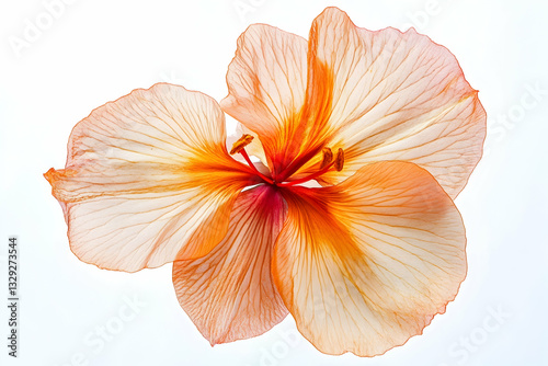 Photograph of an orange Canna lily flower, approximately 1 micron in size, with a red center on a white background, captured with natural lighting at a low angle to showcase the full bloom with no lea