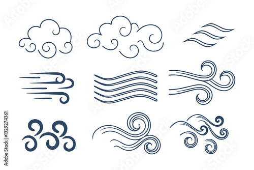 Hand Drawn Doodle Wind and Air Motion Sketch Set. Abstract Swirls, Smoke Flow, and Line Art Elements Vector Graphic Clipart Isolated Illustration