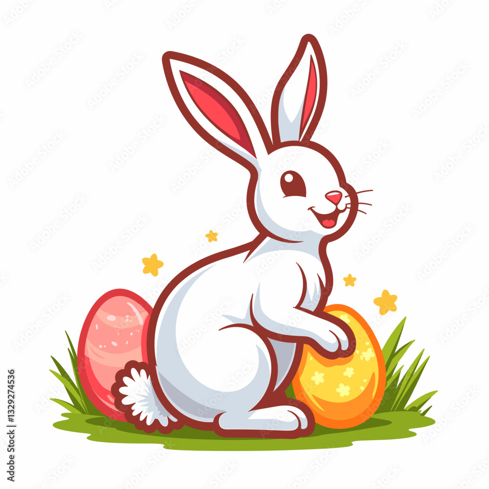 Cheerful bunny painting easter eggs on green grass, festive celebration Cheerful bunny painting easter eggs on green grass, festive celebration