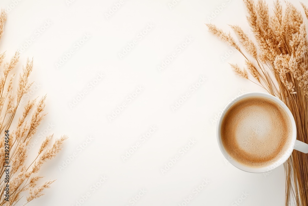 Coffee cup with frothy cappuccino placed on a neutral background surrounded by golden wheat stalks creating a warm cozy morning ambiance and rustic breakfast inspiration