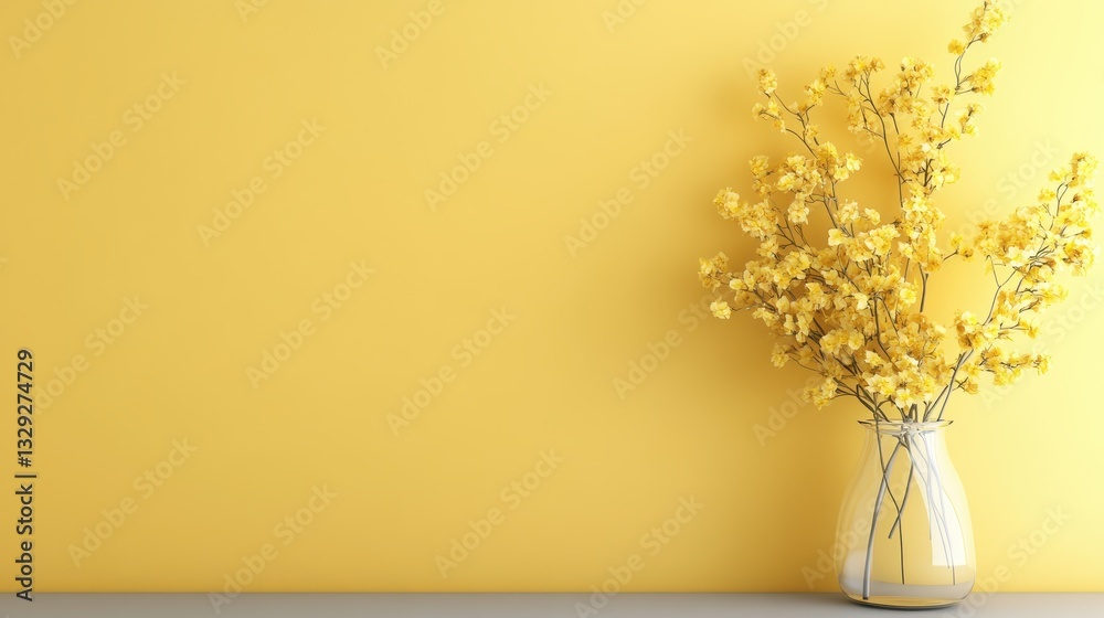 A charming display of yellow flowers in a clear vase set against a soft yellow backdrop, perfect for adding a touch of elegance and warmth to any living space. A charming display of yellow flowers in a clear vase set against a soft yellow backdrop, perfect for adding a touch of elegance and warmth to any living space.