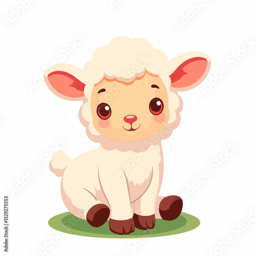 Cute cartoon lamb sitting on green grass, playful innocence