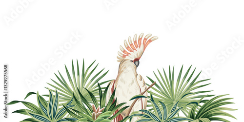 Tropical palm leaves, plant, cockatoo parrot botanical border. Exotic jungle banner.
